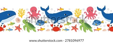 Seamless border with sea animals. Cute whale, octopus, crab, starfish, seashell, turtle and tropical fish repeating tape. Perfect for ocean themed design. Flat vector illustration.