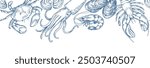 seamless border with sea animals, illustration in sketch style. lobster, crab, squid, sea shells
