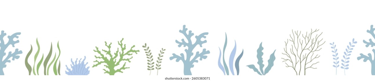 Seamless border with sea coral on white background, underwater life, vector illustrations. Nautical repeating design for kids