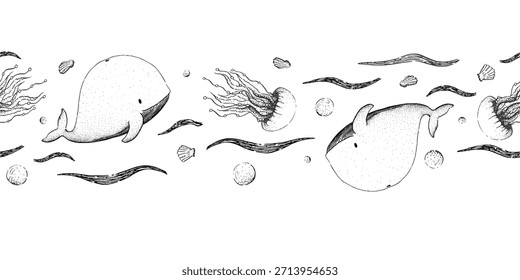 A seamless border with sea creatures drawn in ink. Black and white vector graphics featuring a whale, jellyfish, and shells are perfect for greeting cards and greetings.