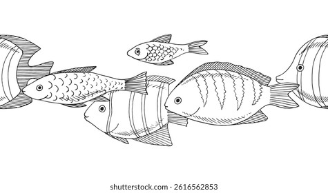 Seamless border of sea fishes. Vector graphic style in ink. Marine theme for posters, aquariums, prints, cards, fabric, decoration of restaurants.