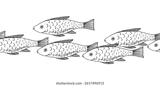 Seamless border of sea fishes. Vector graphic style in ink.
Marine theme for posters, aquariums, prints, cards, fabric, decoration of restaurants.