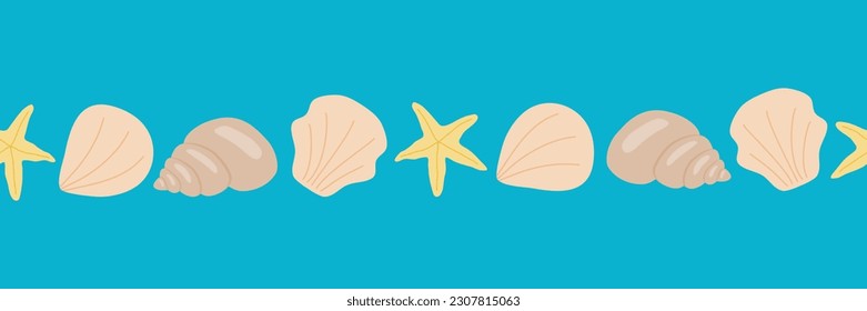 Seamless border with sea shells and sea stars, flat vector