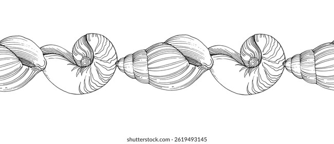 Seamless border of seashell. Vector graphic style in ink. Marine theme for posters, aquariums, prints, cards, fabric, decoration of restaurants.