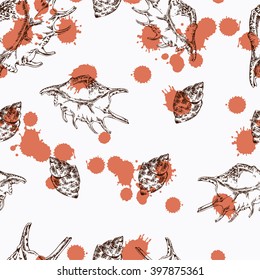 Seamless border with seashells on white background. Hand drawn vector illustration.