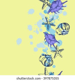 Seamless border with seashells and starfish on pastel yellow background. Hand drawn vector illustration.