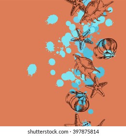 Seamless border with seashells and starfish on pastel orange background. Hand drawn vector illustration.