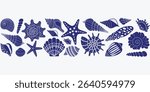 Seamless border with seashells and starfish silhouettes. Marine pattern for packaging, wrapping paper, textile design, website headers, banners, summer promo, branding and decor.