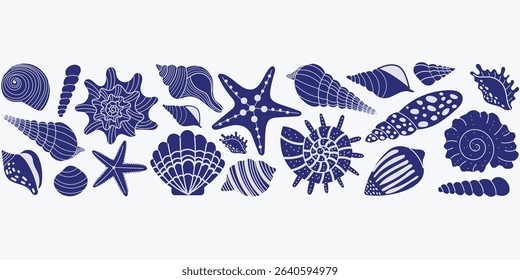 Seamless border with seashells and starfish silhouettes. Marine pattern for packaging, wrapping paper, textile design, website headers, banners, summer promo, branding and decor.