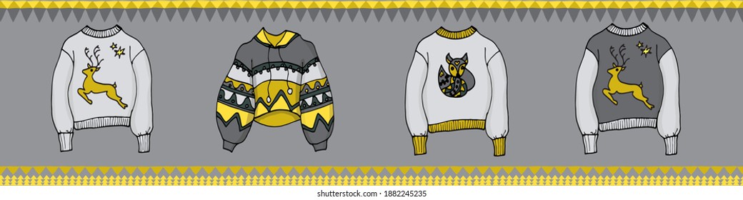  Borde sin inconvenientes - Juego de ropa de invierno de moda. Dibujado a mano. Ilustración vectorial.