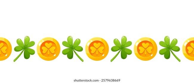 Seamless border of shamrock, clover and gold coins for St. Patrick's Day. Repeating border pattern on white background.