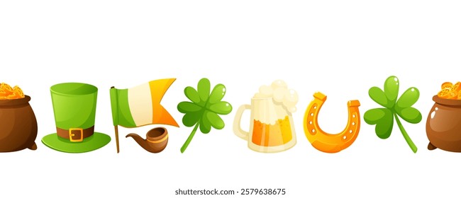 Seamless border of shamrock, clover, pokemon, leprechaun hat, tobacco pipe and gold coins for St. Patrick's Day. Repeating border pattern on white background.