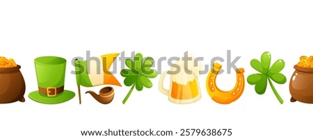 Seamless border of shamrock, clover, pokemon, leprechaun hat, tobacco pipe and gold coins for St. Patrick's Day. Repeating border pattern on white background.