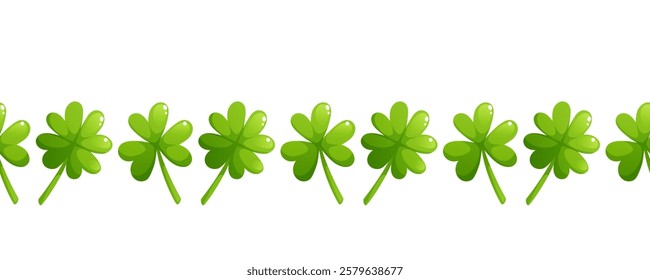 Seamless border of shamrock, clover for St. Patrick's Day. Repeating border pattern on white background.