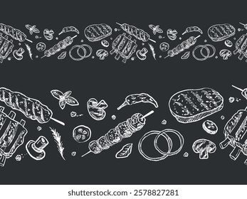 Seamless border with shawarma chicken roll, fresh vegetables in brush stroke texture isolated on white. Hand drawn vector sketch illustration in vintage charcoal ink style. Wrapping paper, print