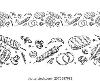 Seamless border with shawarma, doner kebab, bbq steak, ribs with fresh vegetables in brush stroke texture on white. Hand drawn vector sketch illustration in vintage charcoal ink style. Wrapping paper