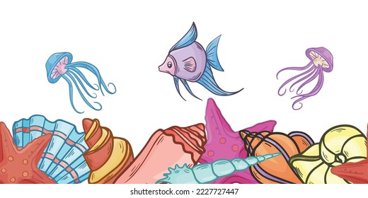 Seamless border with shells and fish, vector illustration
