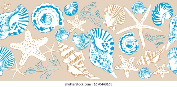 Seamless border of shells and sea ​​stars on 
beige background. Hand drawn vector illustration  in vintage style. Print design for t-shirts, fabrics, sweatshirts,
 wedding invitation.
