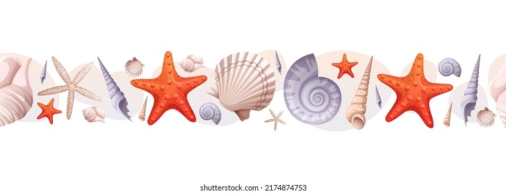 A seamless border with shells and starfish. Beach marine illustration. Summer vacation.Suitable for décor, design of summer illustrations