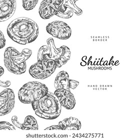 Borde sin costuras con setas shiitake. Ilustración gráfica de vector en blanco y negro con marco de texto, perfecta para tarjetas con un tema de comida vegetariana orgánica.