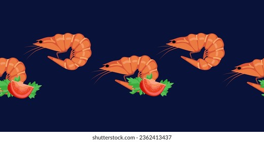 Seamless border of shrimp, cherry tomatoes and parsley on dark blue background. Vector illustration.