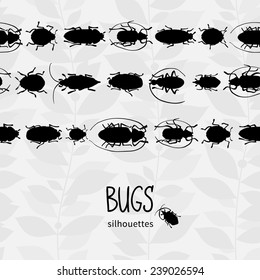 Seamless border with silhouette of bugs and place for text. Contrast vector drawing of small beetles. Insect on the background with gray leaves. Cartoon bug wallpaper.