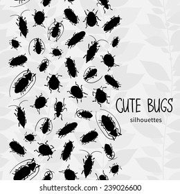 Seamless border with silhouette of bugs and place for text. Contrast vector drawing of small beetles. Insect on the background with gray leaves. Cartoon bug wallpaper.