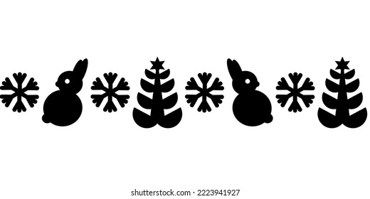 Seamless border with silhouette of Rabbits, Christmas trees . Animals on white. Horizontal stripes. Vector pattern for fabric, paper and other surface