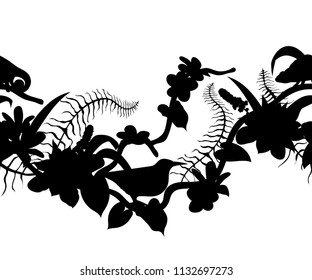 Seamless border with silhouettes of tropical birds, chameleon, plants and flowers. Exotic flora and fauna. Vector illustration