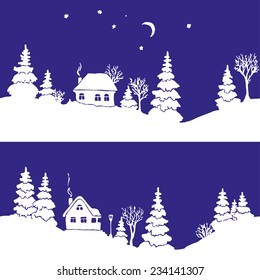 Seamless border with silhouettes of winter countryside landscape: firs, trees, houses, bushes, snowdrifts, moon and stars. Seamless each one and together. Vector illustration.