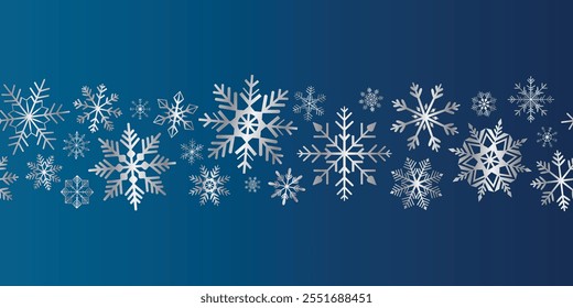 Borde sin fisuras de copos de nieve de plata sobre un fondo azul. Vector.