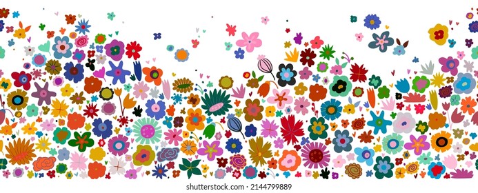 Seamless border with simple colorful flowers. Decorative garden florals in gouache style. Vector illustration
