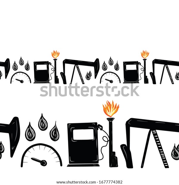 Seamless border with simple flat vector\
illustrations in cartoon style. Elements of gasstation, derrick,\
oil production, petroleum industry. Decoration for web, design,\
wrapping paper,\
wallpaper
