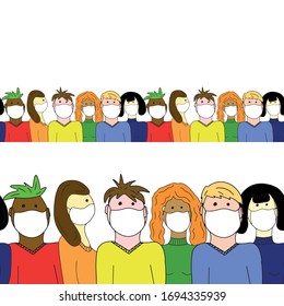 Seamless border with simple people in medical masks. Concept of pandemic, isolation, quarantine restrictions. Danger of coronavirus infection. Stay at home. Vector illustration.