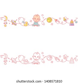 Seamless border with sitting baby boy  and toys. Cute little baby in pajamas sitting with baby objects isolated. Endless baby border. Color vector illustration. Line pattern. Design template.