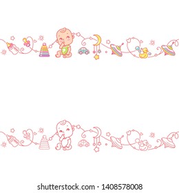 Seamless Border With Sitting Baby Boy  And Toys. Cute Little Baby In Pajamas Sitting With Baby Objects Isolated. Endless Baby Border. Color Vector Illustration. Line Pattern. Design Template.