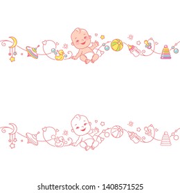 Seamless border with sitting baby and toys. Cute little baby in diaper sitting with baby objects isolated. Endless baby border. Color vector illustration. Line pattern. Design template.