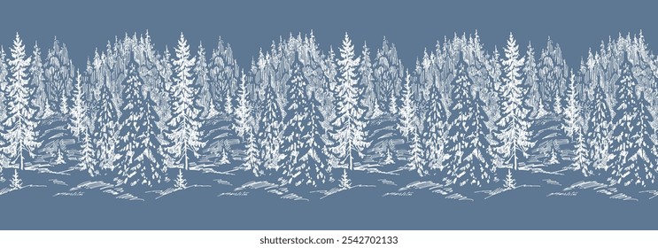 Seamless border of sketches fir forest in frosty snowy winter, vector hand drawn illustration