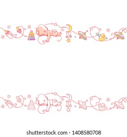 Seamless border with sleeping  baby and toys. Cute little baby in diaper sleep on cloud  with baby objects isolated. Endless baby border. Color vector illustration. Line pattern. Design template.