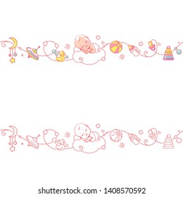 Seamless border with sleeping newborn baby boy and toys. Cute little baby in diaper sleep with baby objects isolated. Endless baby border. Color vector illustration. Line pattern. Design template.