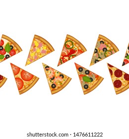 seamless border. slices of pizza. endless ornament. hand drawn. horizontal. vector illustration.