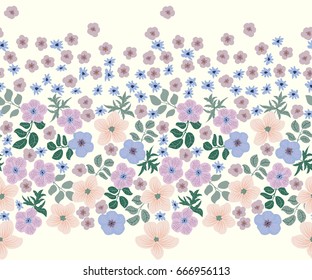 Seamless border in small cute antique flowers. Liberty style millefleurs. Floral background for textile, wallpaper, pattern fills, covers, surface, gift wrap, scrapbooking, decoupage. Satin print.