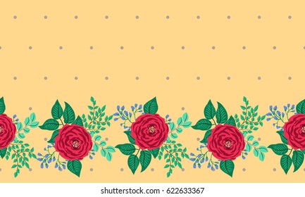 Seamless border in small cute flowers of antique roses and branches. Country style millefleurs. Floral background for textile, wallpaper, covers, surface, print, gift wrap, scrapbooking, decoupage.