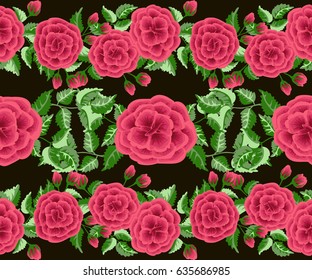Seamless border in small cute flowers of lovely roses and fresh branches. Floral background for textile, wallpaper, pattern fills, covers, surface, print, gift wrap, scrapbooking, decoupage.