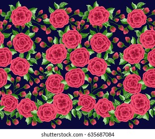 Seamless border in small cute flowers of lovely roses and fresh branches. Floral background for textile, wallpaper, pattern fills, covers, surface, print, gift wrap, scrapbooking, decoupage.