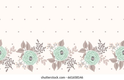 Seamless border in small cute flowers of antique roses and branches. Chabby chic millefleurs. Floral background for textile, wallpaper, covers, surface, print, gift wrap, scrapbooking, decoupage.