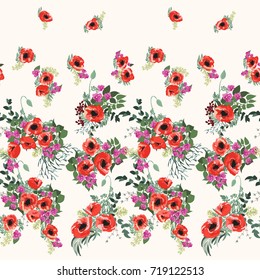 Seamless border in small pretty flowers. Poppy bouquets. Liberty style millefleurs. Floral background for textile, wallpaper, pattern fills, covers, surface, print, wrap, scrapbooking, decoupage.