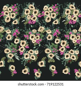 Seamless border in small pretty flowers. Poppy bouquets. Liberty style millefleurs. Floral background for textile, wallpaper, pattern fills, covers, surface, print, wrap, scrapbooking, decoupage.