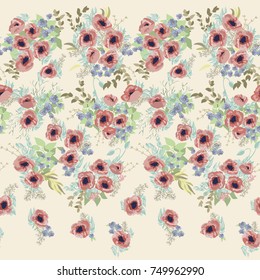 Frontera sin inconvenientes en pequeñas flores bonitas. Ropa de amapola. Millefleurs al estilo de la libertad. Fondo floral para textil, papel tapiz, relleno de patrón, cubiertas, superficie, impresión, envoltura, desguace, desguace.