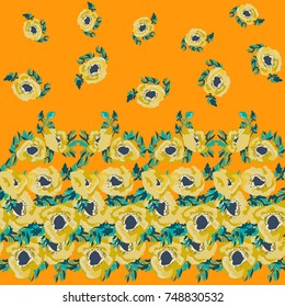 Seamless border in small pretty wild flowers. Poppy bouquets. Regular order millefleurs. Floral background for textile, wallpaper, pattern fills, covers, surface, print, wrap, scrapbooking, decoupage